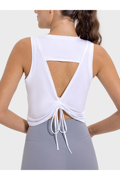 Millennia Drawstring Cutout Round Neck Active Tank - Crop Tops & Tank Tops - FITGGINS