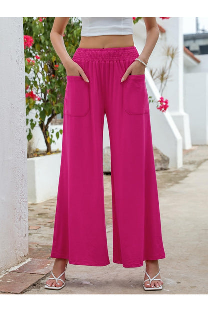 Pocketed Elastic Waist Wide Leg Pants - Pants - FITGGINS