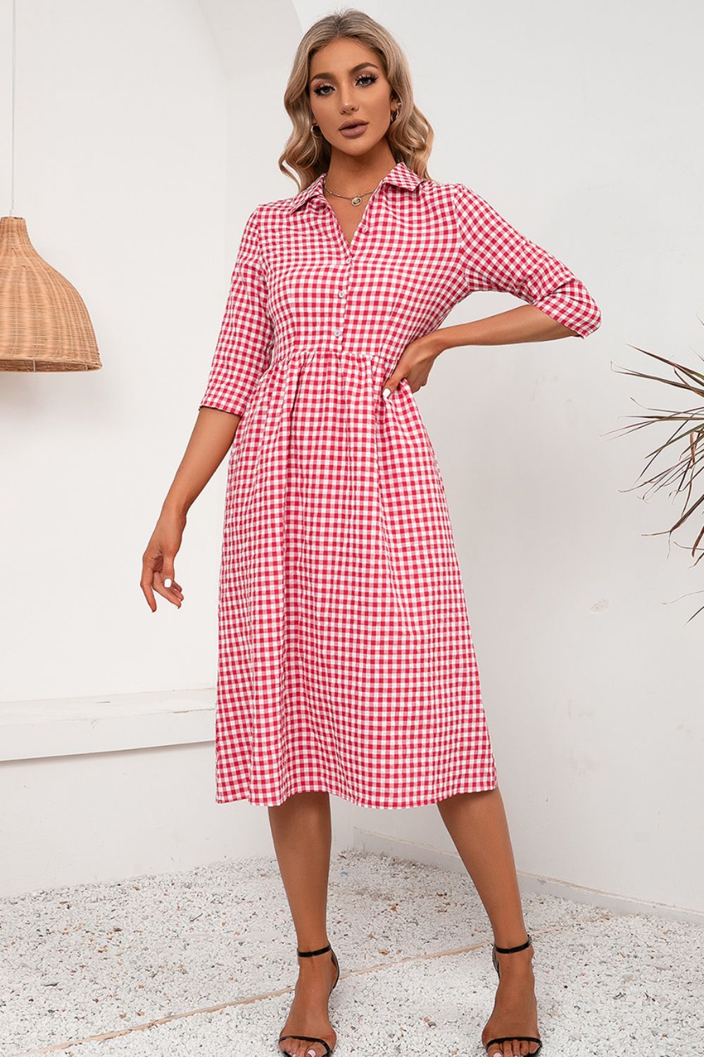 Ivy Lane Plaid Collared Neck Midi Dress Fitggins