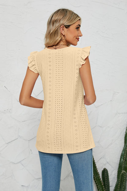 Smocked Round Neck Eyelet Top Fitggins