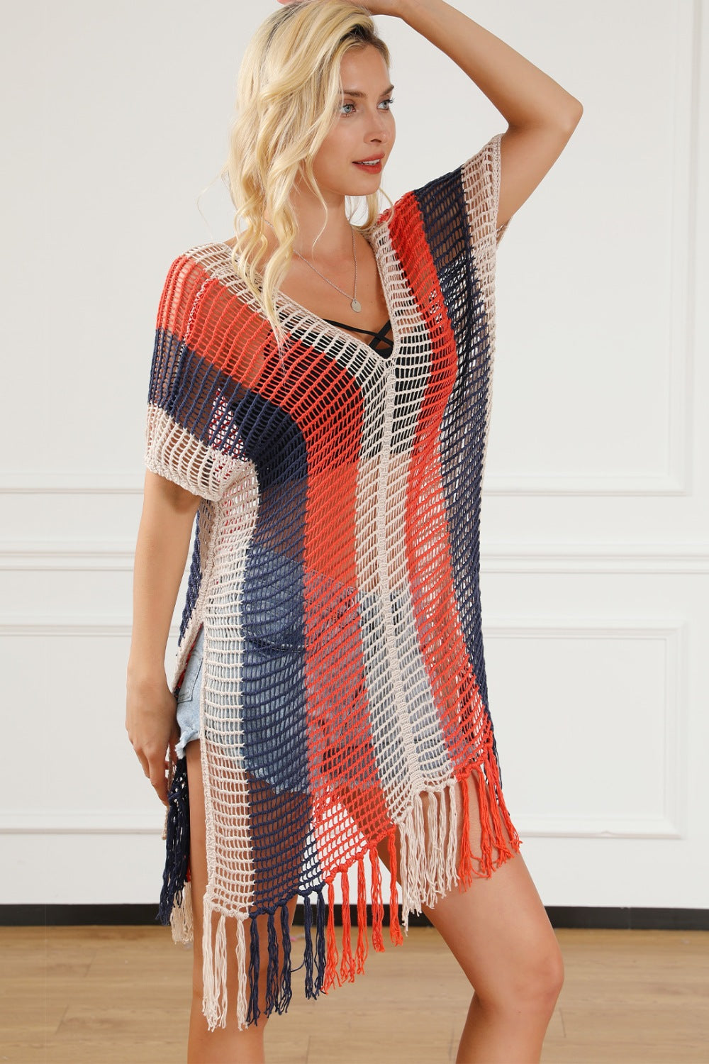 Tassel Color Block V-Neck Cover Up - Cover-Ups - FITGGINS