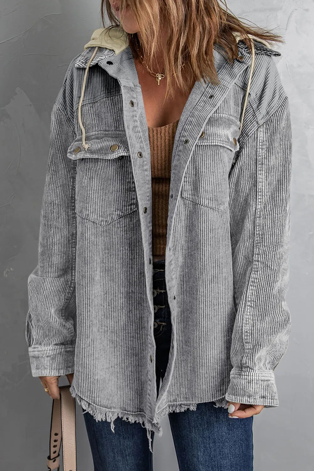 Snap Front Hooded Corduroy Shacket Fitggins