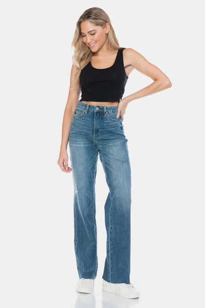 Judy Blue Full Size Tummy Control Cut Raw Hem Straight Jeans Fitggins