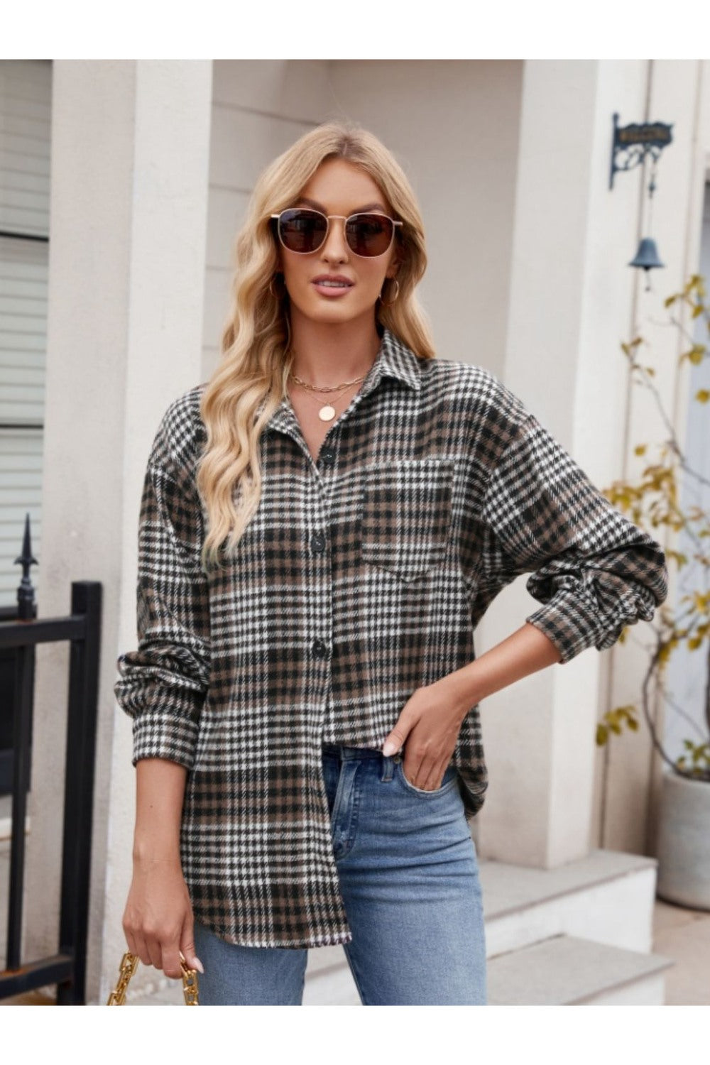 Mandy Pocketed Plaid Collared Neck Long Sleeve Shirt - Shirts - FITGGINS