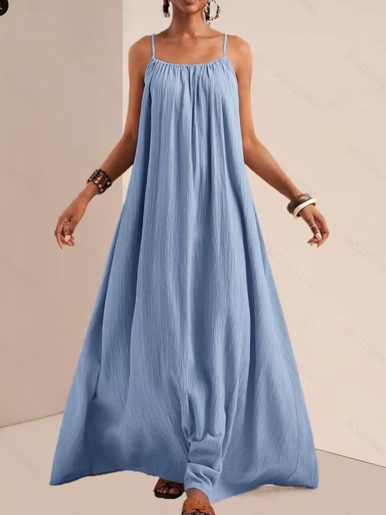 Spaghetti Strap Flowy Maxi Dress Sky Blue Fitggins