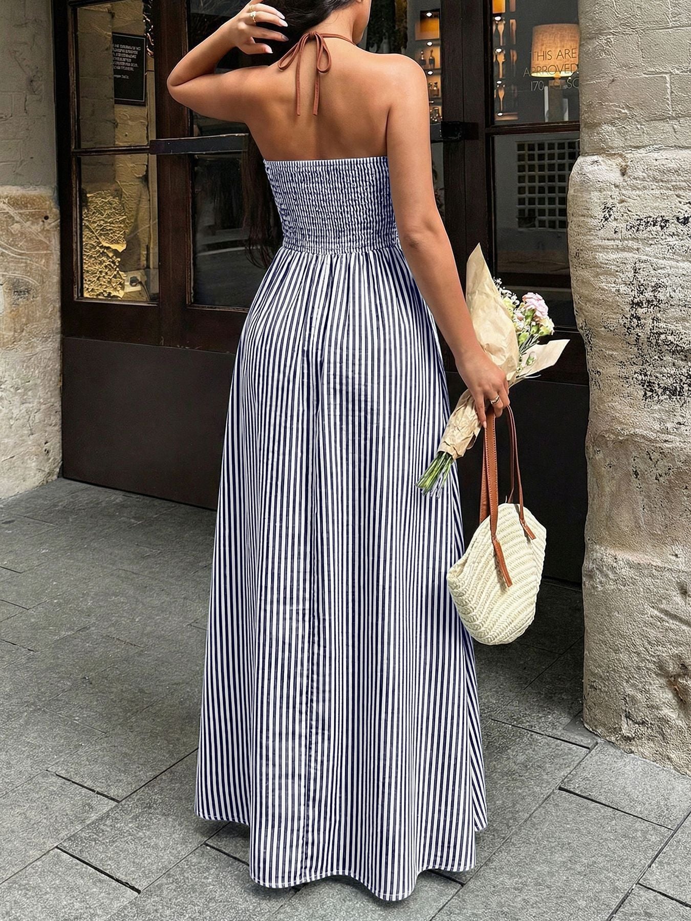Striped Halter Neck Maxi Dress Fitggins