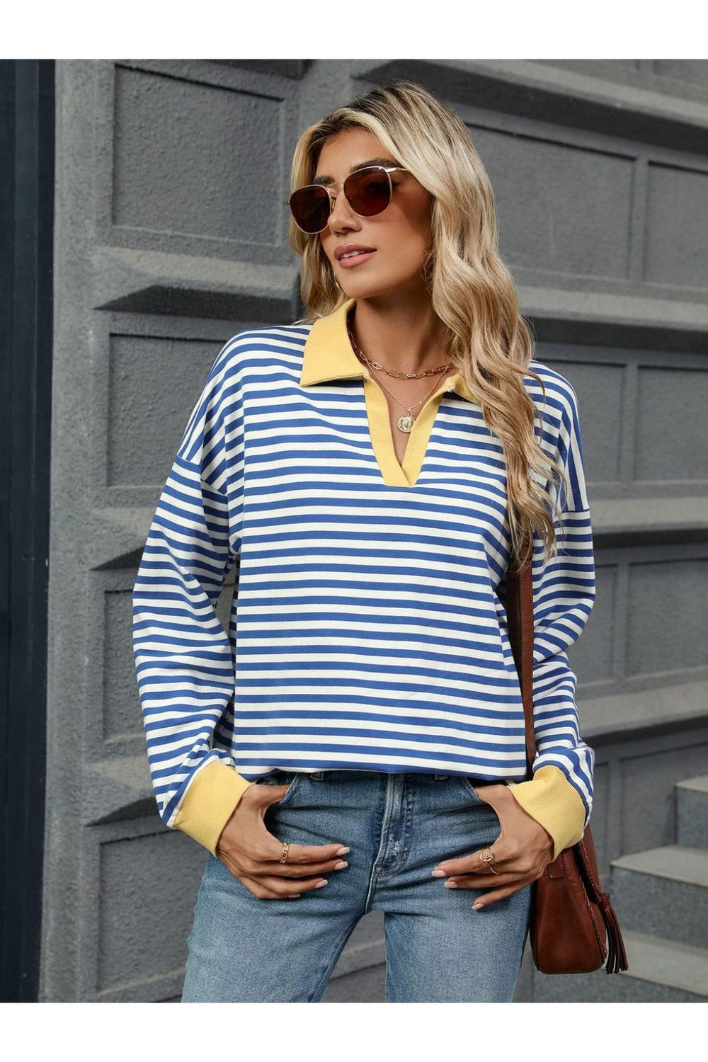 Striped Johnny Collar Long Sleeve Sweatshirt - Sweatshirts & Hoodies - FITGGINS