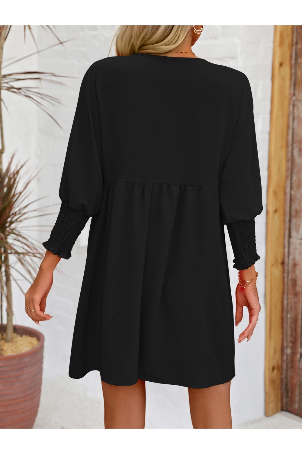 Round Neck Lantern Sleeve Mini Dress - Casual & Maxi Dresses - FITGGINS