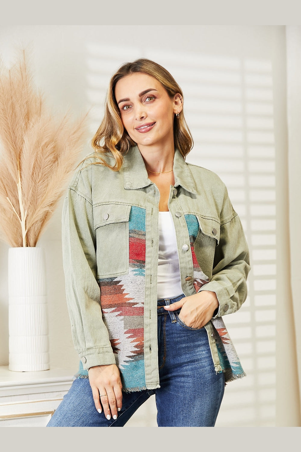 Dropped Shoulder Long Sleeve Printed Denim Jacket - Denim Jackets - FITGGINS