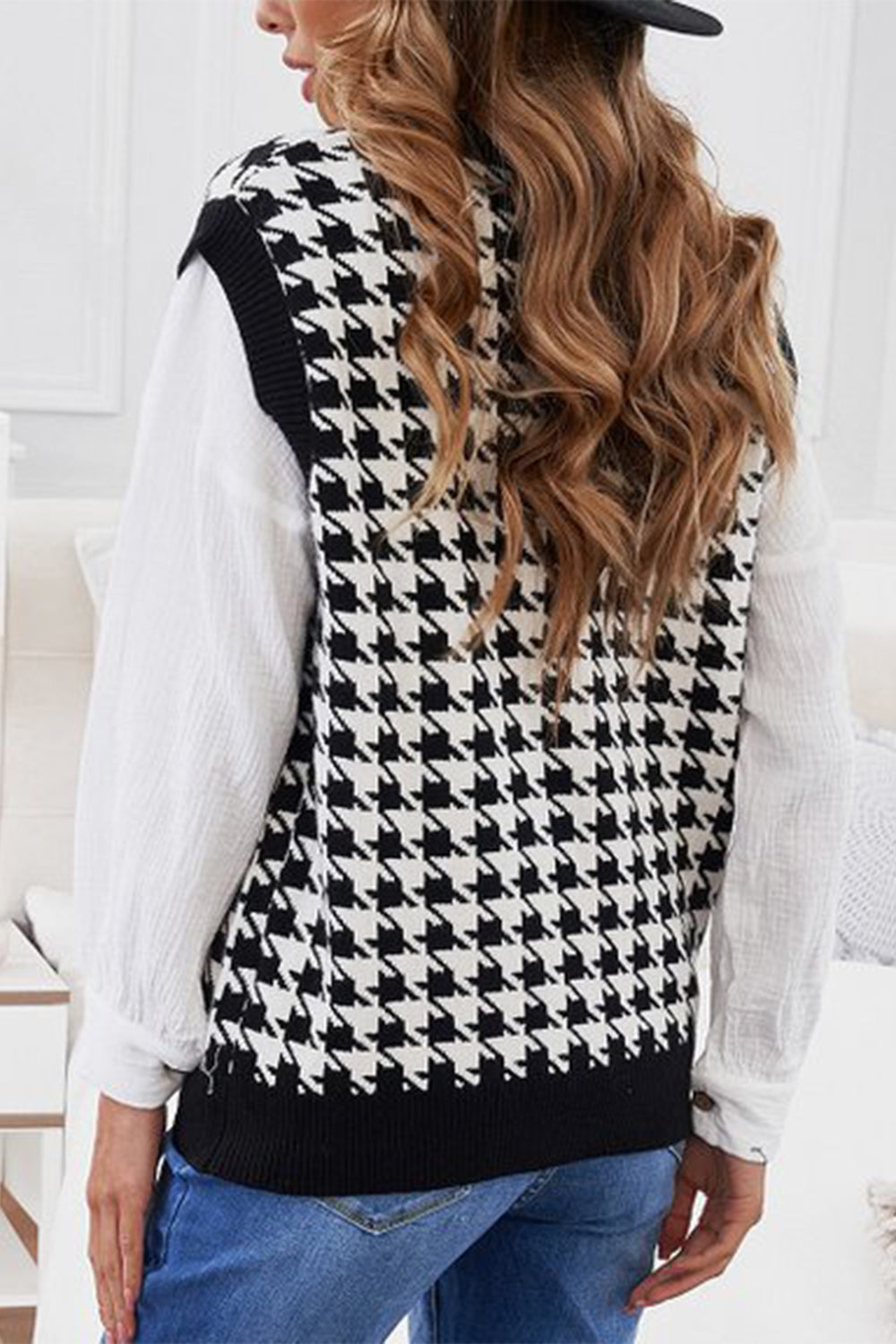 Houndstooth Button Front Sweater Vest - Pullover Sweaters - FITGGINS