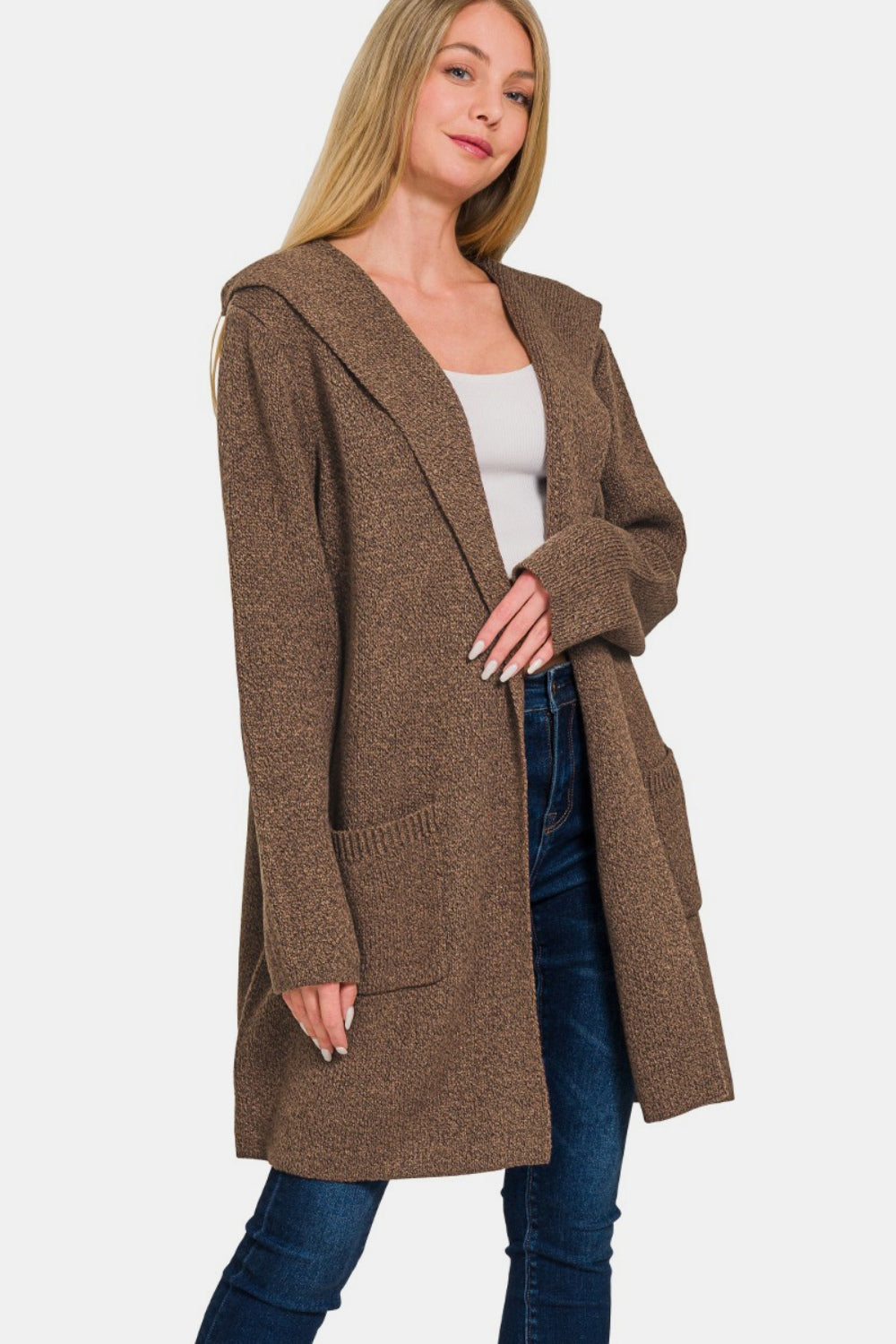 Zenana Hooded Open Front Sweater Cardigan - Cardigans - FITGGINS