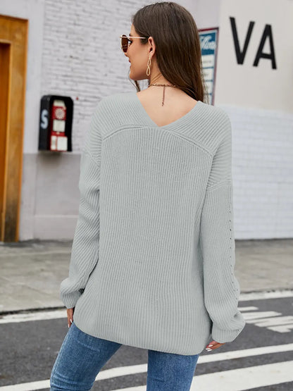 Openwork Dropped Shoulder Long Sleeve Sweater Fitggins