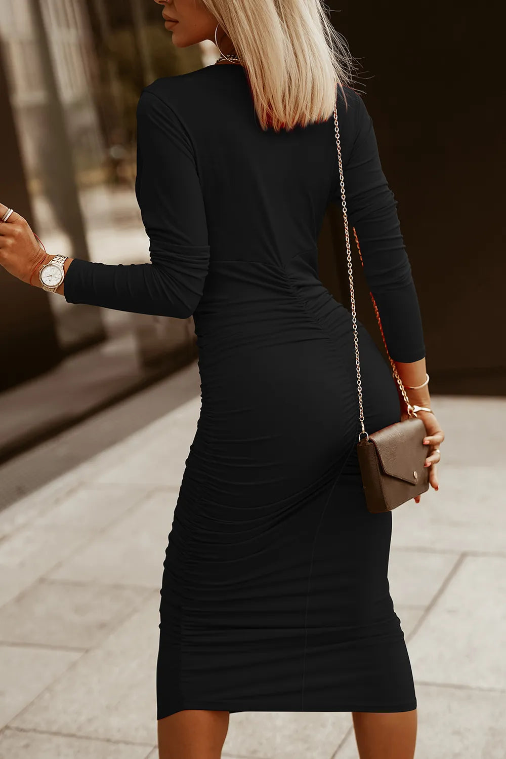Ruched Surplice Long Sleeve Midi Dress Fitggins