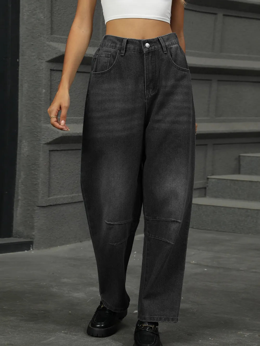 Half Elastic Waist Straight Leg Jeans Fitggins