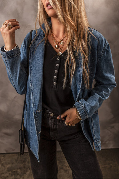 Pocketed Long Sleeve Denim Jacket - Denim Jackets - FITGGINS