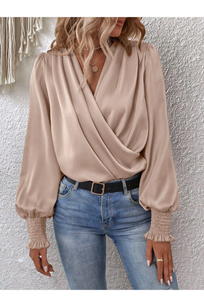 Surplice Smocked Lantern Sleeve Blouse - Blouses - FITGGINS