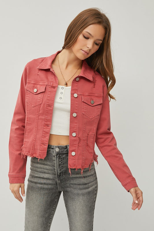 RISEN Raw Hem Button Up Cropped Denim Jacket - Denim Jackets - FITGGINS