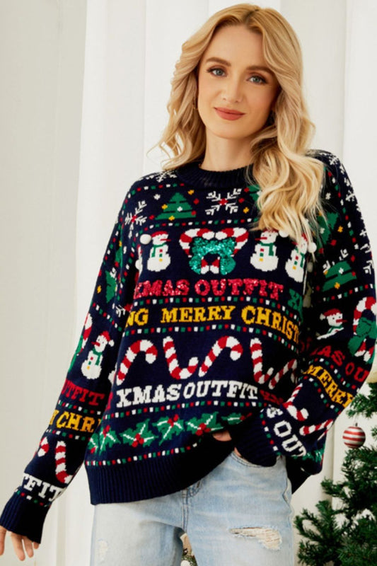 Christmas Print Crewneck Dropped Shoulder Sweater - Pullover Sweaters - FITGGINS