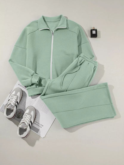 Drop Shoulder Zip Up Jacket and Drawstring Pants Active 2pcs Set Fitggins