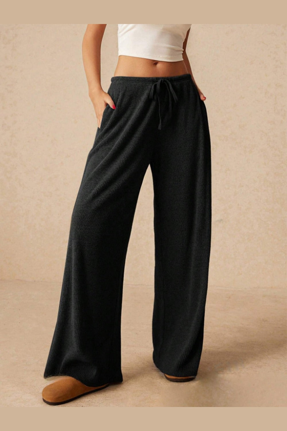 Ribbed Drawstring Wide Leg Pants - Pants - FITGGINS