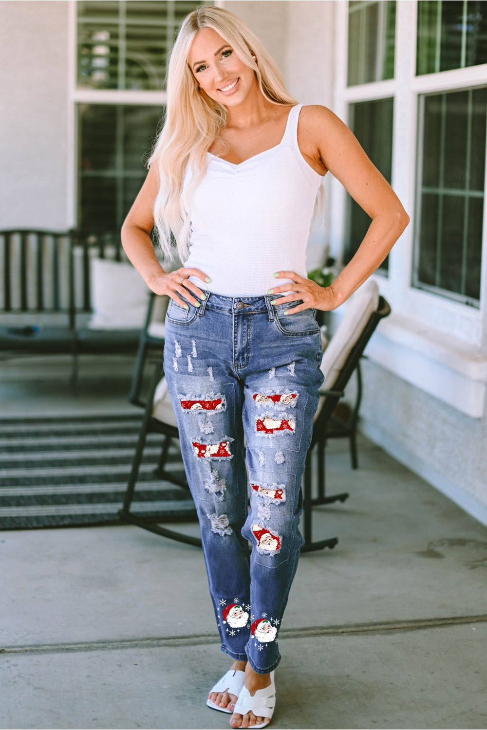 Santa Graphic Distressed Jeans with Pockets - Jeans - FITGGINS