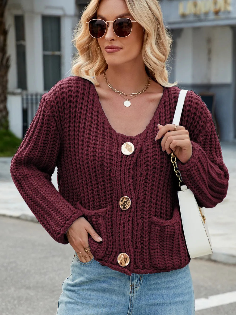 Round Neck Button Up Cardigan with Pockets Fitggins