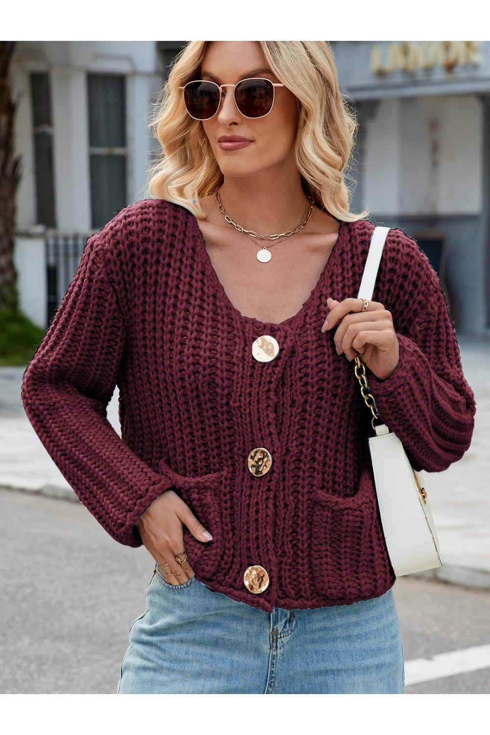 Round Neck Button Up Cardigan with Pockets - Cardigans - FITGGINS