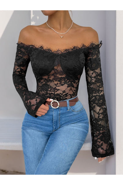 Perfee Lace Off-Shoulder Long Sleeve Bodysuit - Bodysuit - FITGGINS