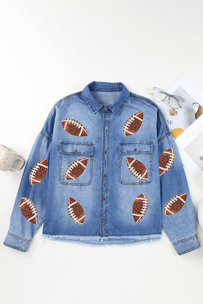 Raw Hem Sequin Football Long Sleeve Denim Jacket - Denim Jackets - FITGGINS