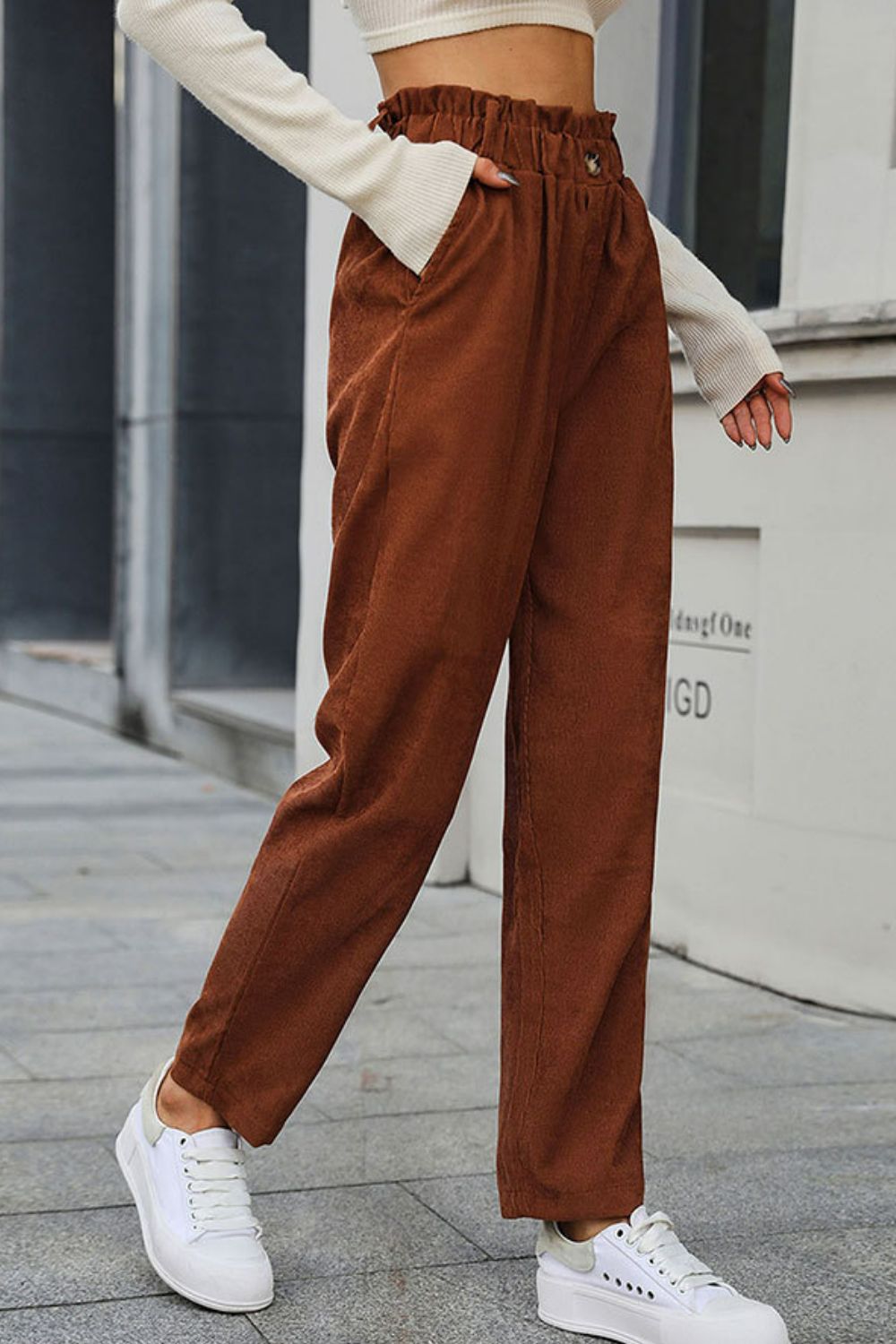 Perfee Paperbag Waist Straight Leg Pants with Pockets - Pants - FITGGINS