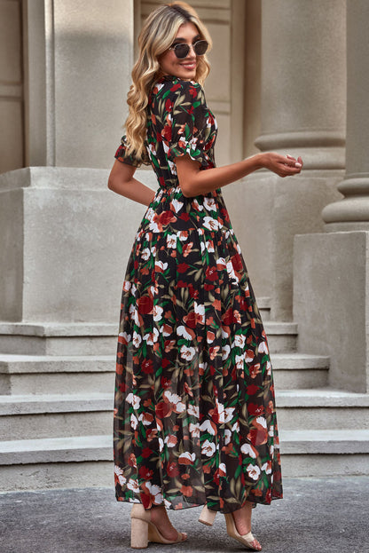 Floral V-Neck Short Flounce Sleeve Dress Fitggins