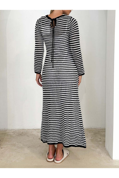 Devine Tied Round Neck Striped Sweater Dress - Sweater Dresses - FITGGINS