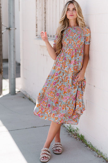 Floral Flounce Sleeve Round Neck Midi Dress - Casual & Maxi Dresses - FITGGINS