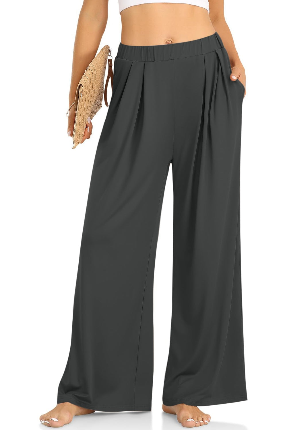 Elastic Waist Wide Leg Pants - Pants - FITGGINS