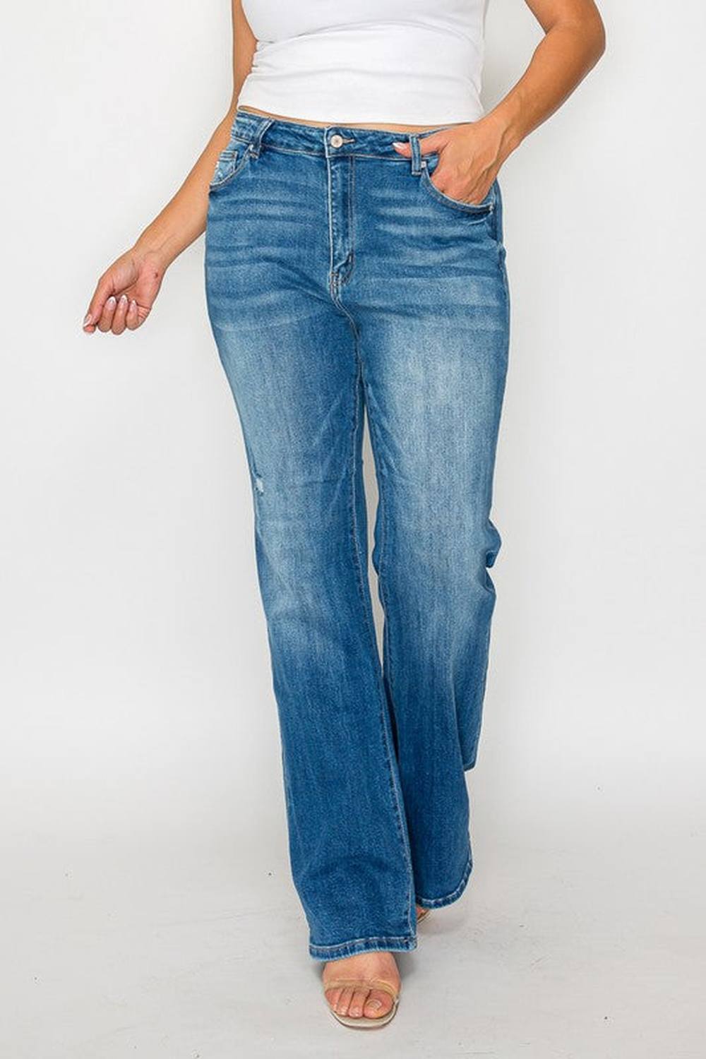 bytos Full Size Distressed High Rise Jeans with Pockets - Jeans - FITGGINS