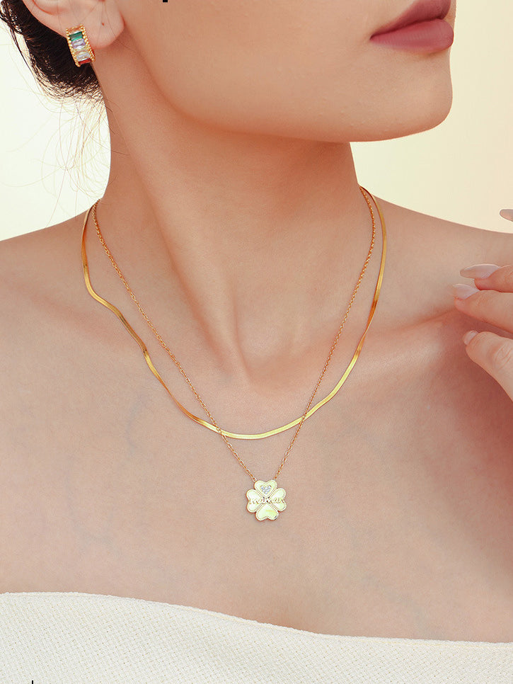 2 Piece 18K Gold-Plated Inlaid Zircon Lucky Clover Necklace - Necklaces - FITGGINS