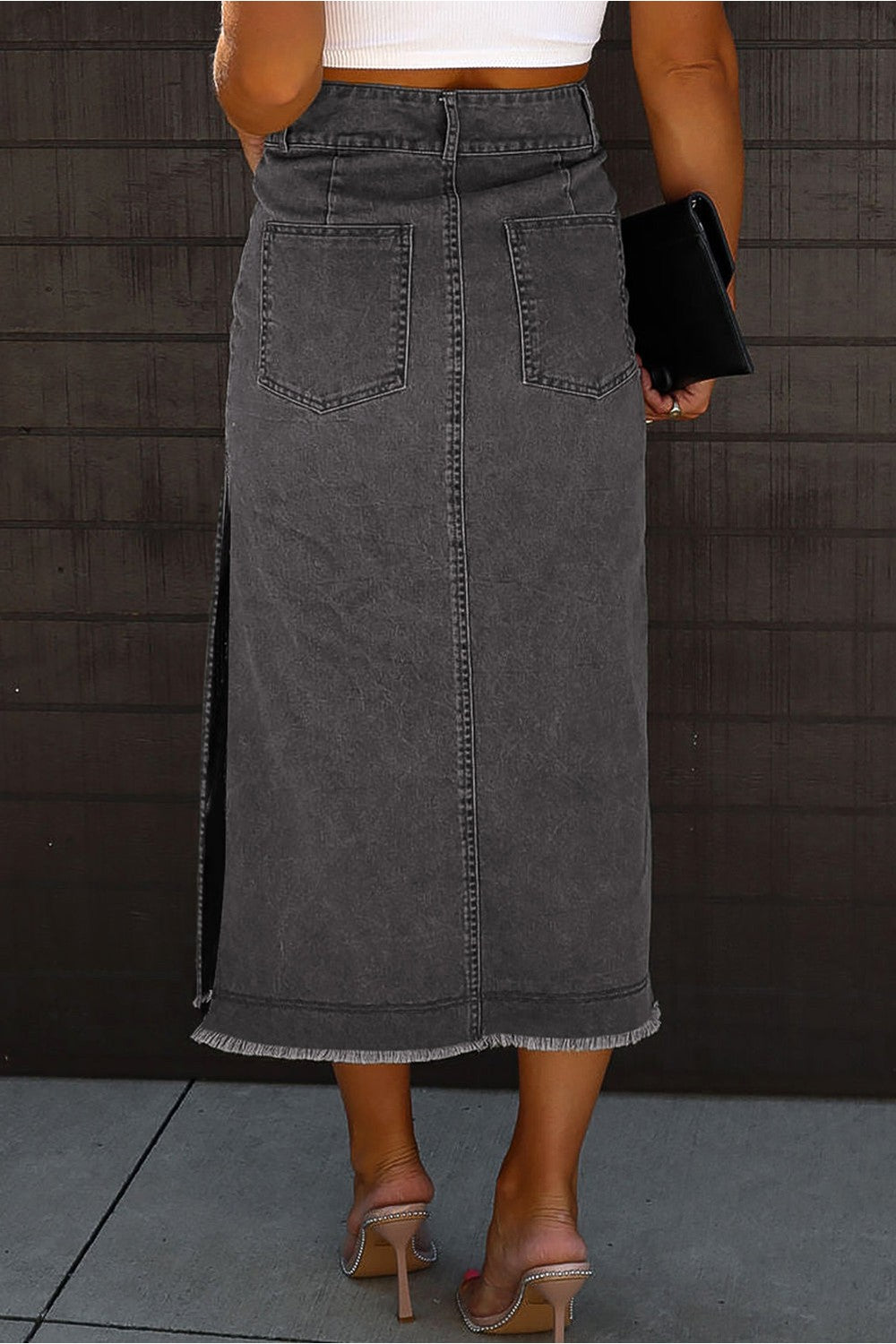 Raw Hem Slit Pocketed Midi Denim Skirt - Shirts - FITGGINS