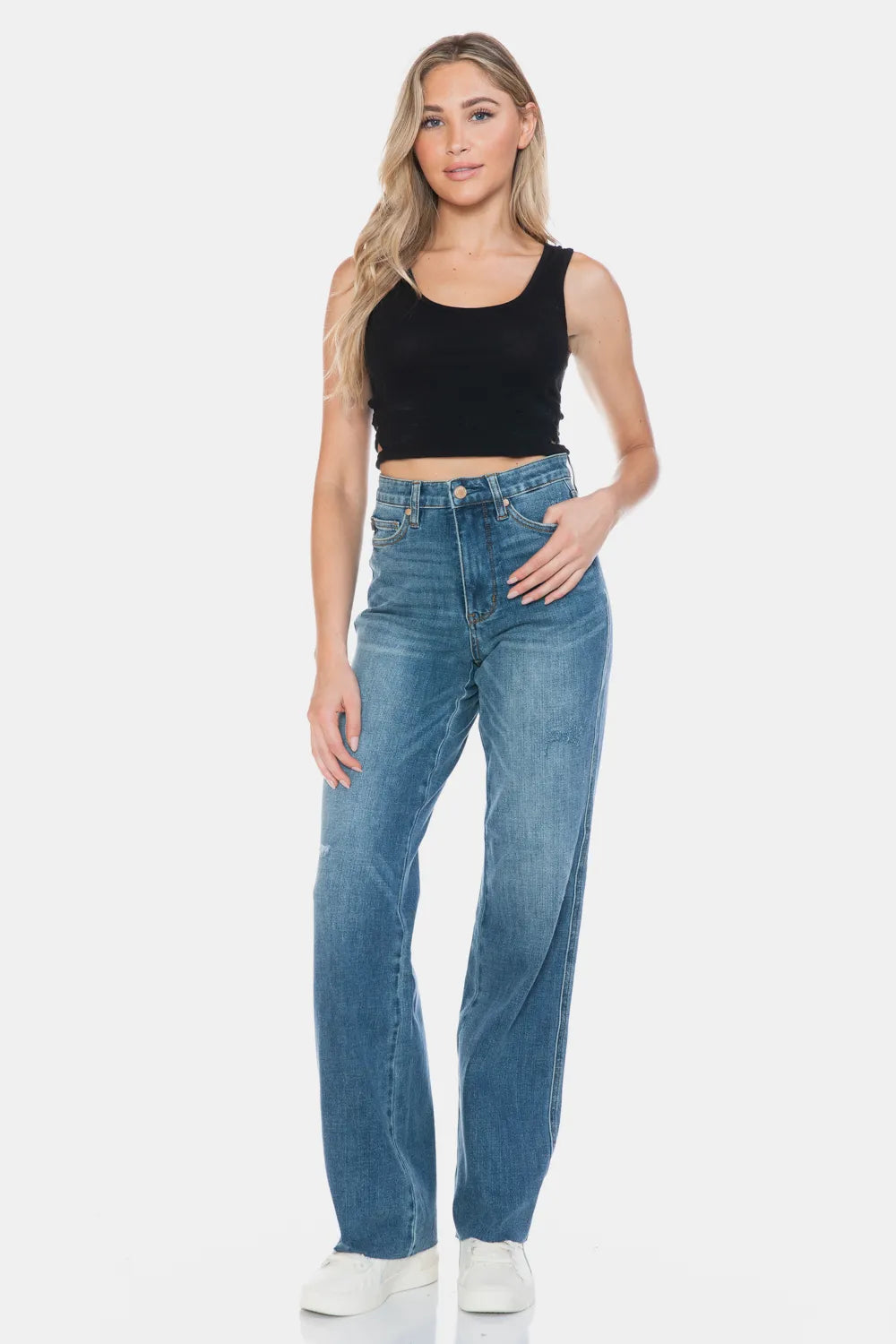Judy Blue Full Size Tummy Control Cut Raw Hem Straight Jeans Fitggins