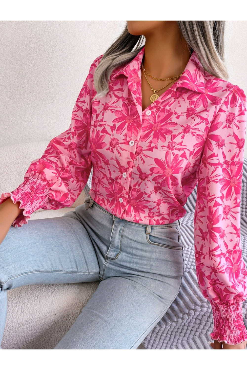 Floral Collared Neck Long Sleeve Shirt - Shirts - FITGGINS