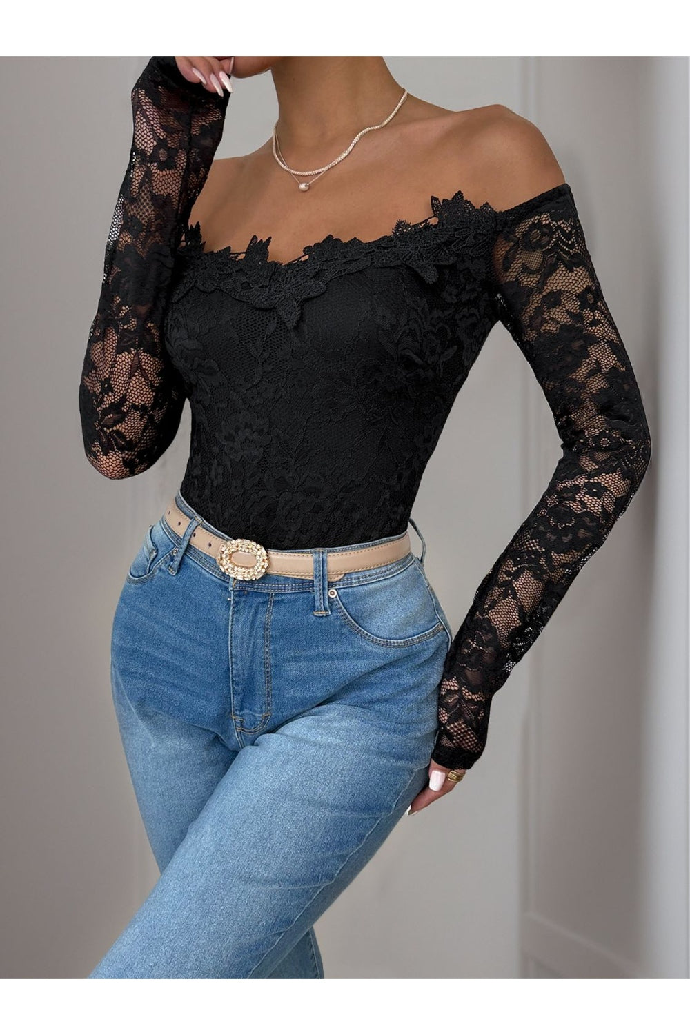 Perfee Lace Off-Shoulder Long Sleeve Bodysuit - Bodysuit - FITGGINS