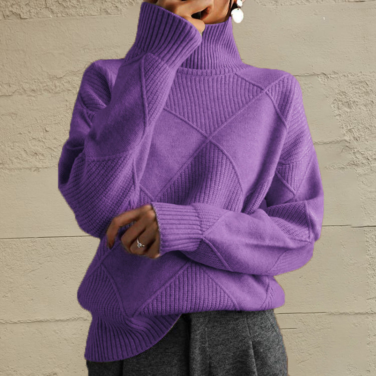 Geometric Turtleneck Long Sleeve Sweater Mauve Fitggins