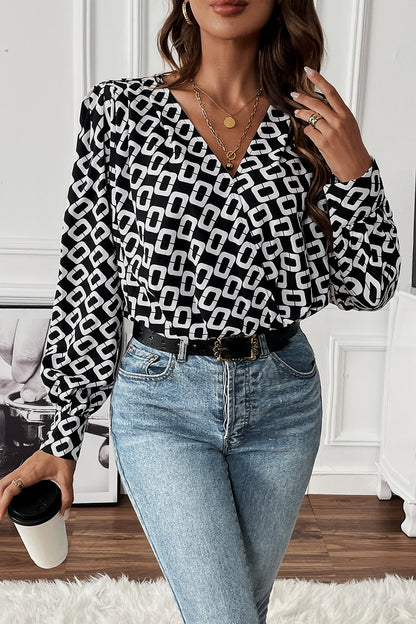 Perfee Geometric V-Neck Long Sleeve Blouse - Blouses - FITGGINS