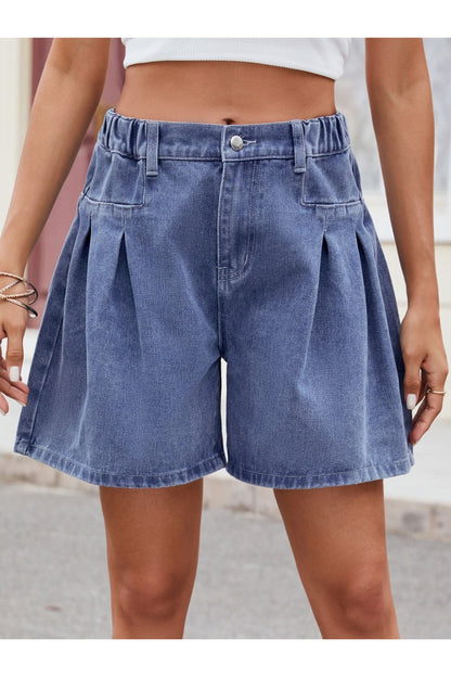 Ruched Half Elastic Waist Denim Shorts - Denim Shorts - FITGGINS