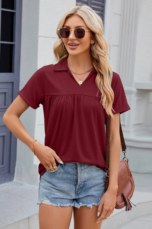 Ruched Johnny Collar Short Sleeve Blouse Burgundy Fitggins