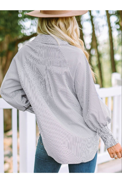 Striped Collared Neck Lantern Sleeve Shirt - Shirts - FITGGINS