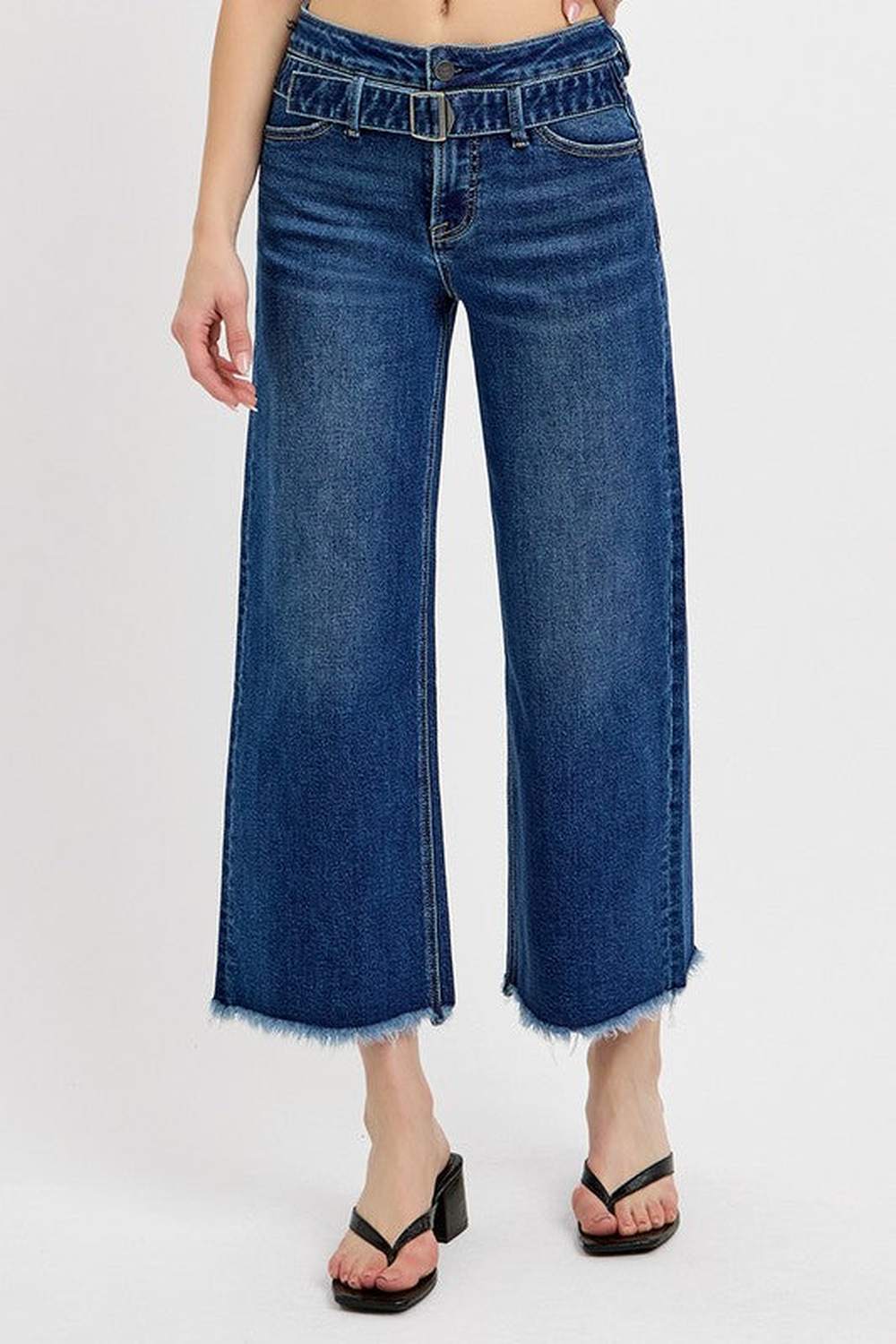 RISEN Raw Hem Wide Leg Attached Buckle Jeans - Jeans - FITGGINS