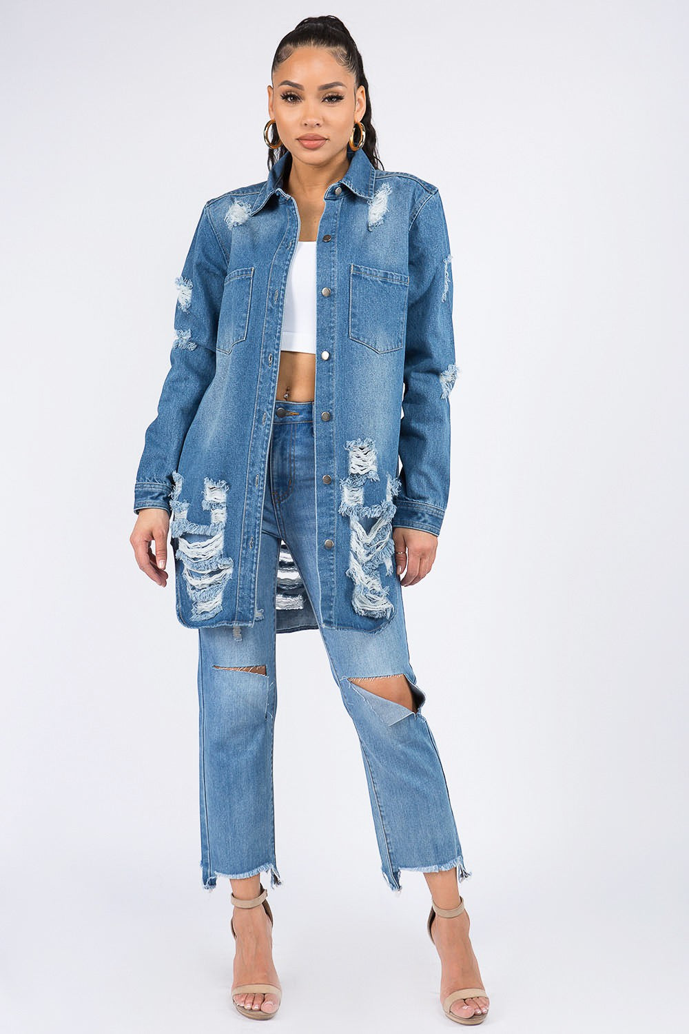 American Bazi Distressed Button Down Denim Shirt Jacket - Denim Jackets - FITGGINS