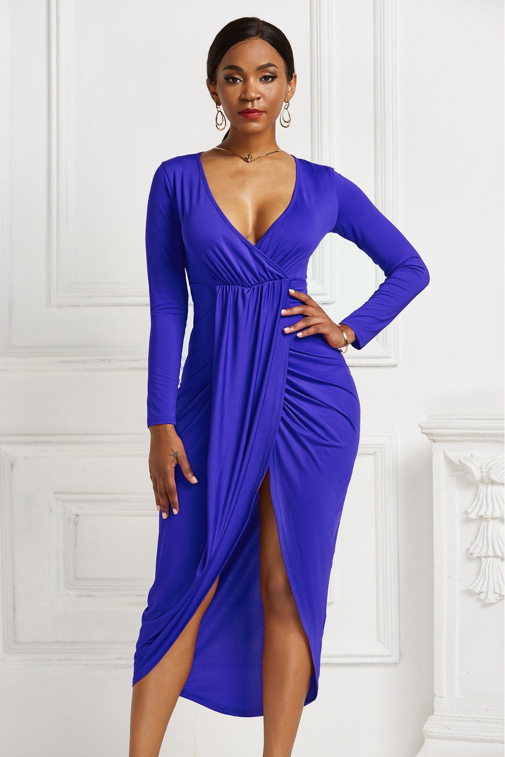 High-low Ruched Surplice Long Sleeve Dress - Cocktail Dresses - FITGGINS