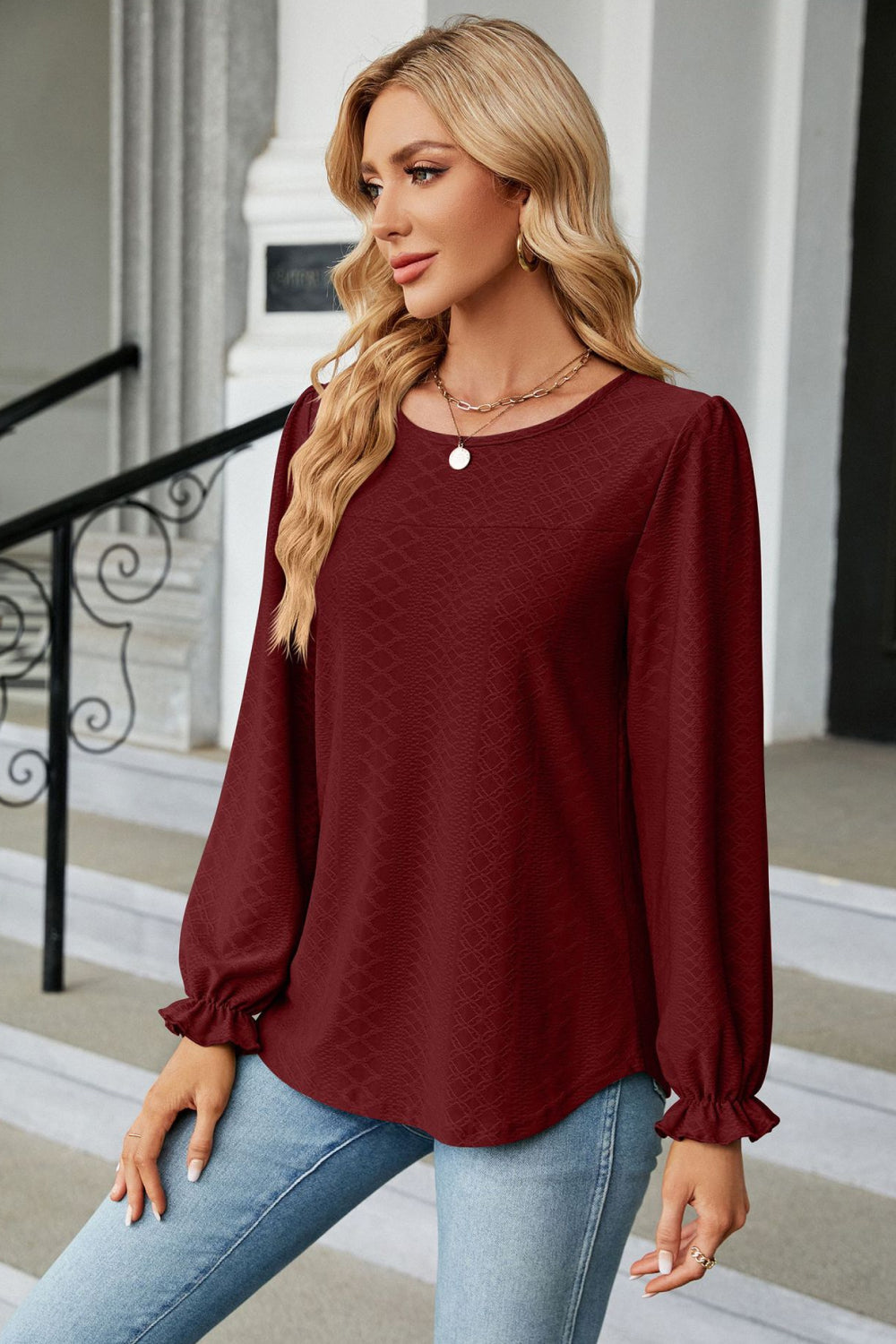 Round Neck Flounce Sleeve Blouse Fitggins