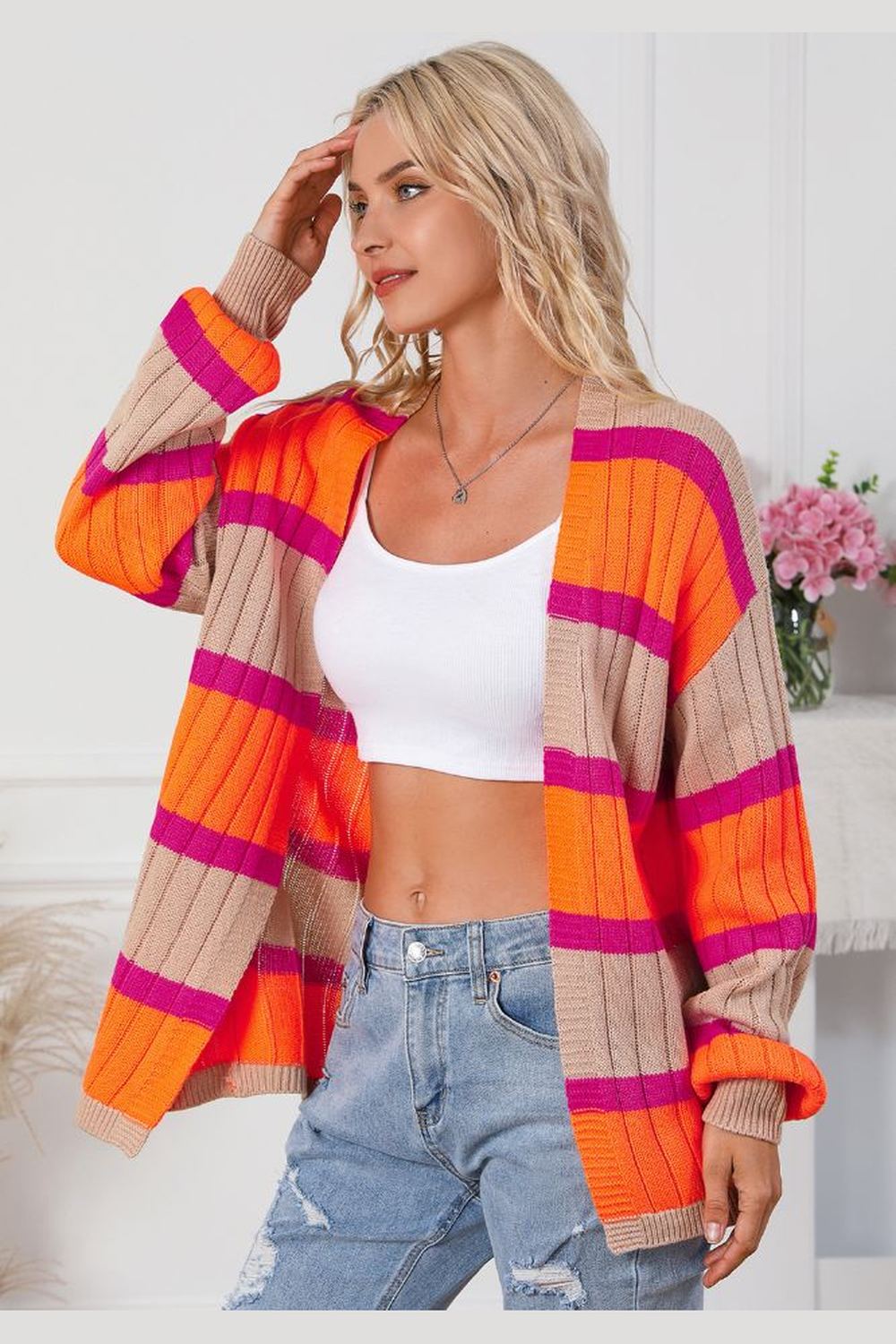 Contrast Striped Drop Shoulder Open Front Cardigan - Cardigans - FITGGINS